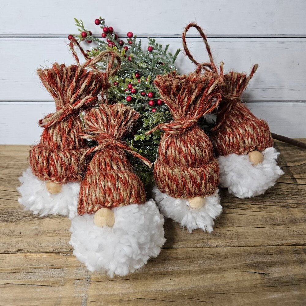 Hand Crafted - Bundle of 4 Red and Natural Jute Nome Christmas  Tree Ornaments - Picture 2 of 4